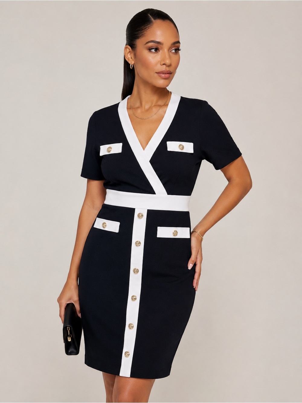 V-Neck Colorblock Ponte Sheath Dress Size M